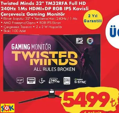 TWİSTED MİNDS 32 TM32RFA FULL HD 240HZ 1MS HDMI+DP RGB IPS KAVİSLİ ÇERÇEVESİZ GAMİNG MONİTÖR/OYUN MONİTÖRÜ